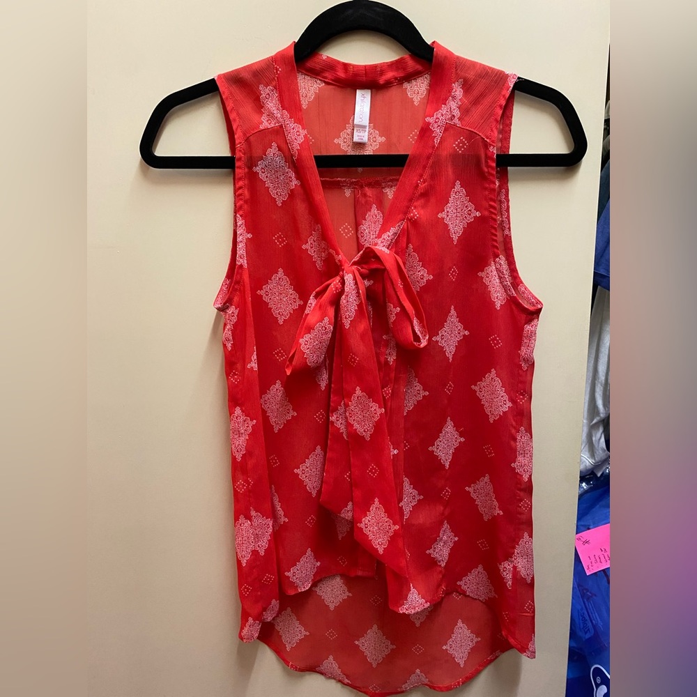 Red floral paisley patterned top with tie front